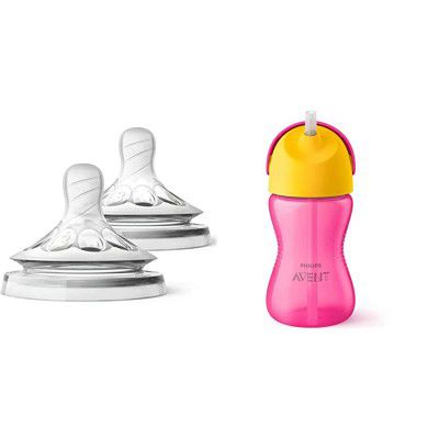 Philips Avent Natural 2. 0 Teat Medium Flow for 3 Months+ (Set of 2 Units) SCF043/27 with Philips Avent SCF798 Aven Straw Cup (Assorted)