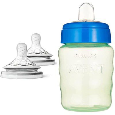 Philips Avent Natural 2. 0 Teat Medium Flow for 3 Months+ (Set of 2 Units) SCF043/27 with Philips Avent Classic Spout Cup 260ml (Green/Blue)