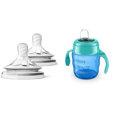 Philips Avent Natural 2. 0 Teat for Newborn 0 Month+ (Set of 2 Units) SCF041/27 with Philips Avent Classic Soft Spout Cup, 200ml (Green/Blue)