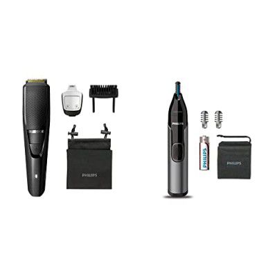 Philips BT3241/15 Smart Beard Trimmer - Power adapt technology for precise trimming- 20 settings & Philips Nose Trimmer Nt3650/16, Cordless Nose, Ear & Eyebrow Trimmer, 2 Eyebrow Combs, Gray