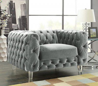 Phoenix Sofas Modern Contemporary Tufted Velvet Down-Mix Cushons Acrylic Leg Sofa, Grey (Club Chair, Grey)