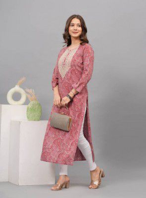 PHYSIL Women Embroidered, Printed Viscose Rayon Straight Kurta (Maroon, White, Gold)