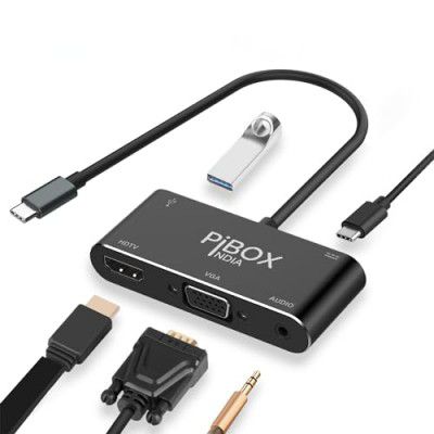 PiBOX India, USB C to HDMI VGA USB Adapter, Aluminium Type C USB hub 3.1 to HDMI 4K/VGA/USB 3.0