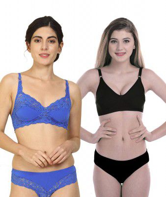 PIBU-Net Bra Panty Set Lingerie Set Full Coverage Non-Padded Non-Wired Honeymoon Set(Pack of 2) Model No:158