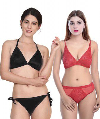 PIBU-Net Bra Panty Set Lingerie Set Full Coverage Non-Padded Non-Wired Honeymoon Set(Pack of 2)