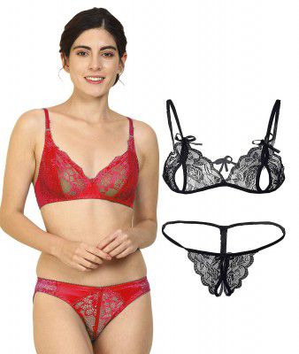 PIBU-Net Bra Panty Set Lingerie Set Full Coverage Non-Padded Non-Wired Honeymoon Set(Pack of 2) Model No:113