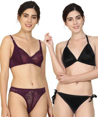 PIBU-Net Bra Panty Set Lingerie Set Full Coverage Non-Padded Non-Wired Honeymoon Set(Pack of 2) Model No:116
