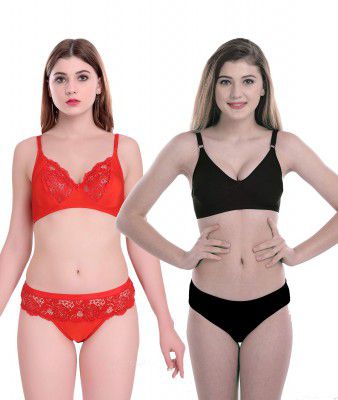 PIBU-Net Bra Panty Set Lingerie Set Full Coverage Non-Padded Non-Wired Honeymoon Set (Pack of 2)