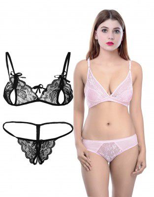 PIBU-Net Bra Panty Set Lingerie Set Full Coverage Non-Padded Non-Wired Honeymoon Set(Pack of 2) Model No:142