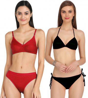 PIBU-Net Bra Panty Set Lingerie Set Full Coverage Non-Padded Non-Wired Honeymoon Set(Pack of 2) Model No:119