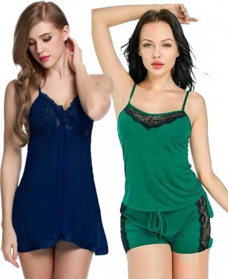 PIBU Women Night Suit Set Blue, Green Self Design