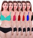 PIBU-Women's Light Padded Full Coverage Non Wired Cotton Bra Panty Set for Women Lingerie Set Sexy Honeymoon Undergarments (Color : Green,Pink,Maroon,Red,Blue,Black)(Pack of 6) Model No : SK010...