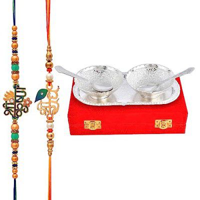 Piepot | Rakhi For Brother And Bhabhi With German Silver Bowl Set, Silver Gift Serving Sweets, Dry Fruits Nuts With Red Velvet Box (2 Bowl Set With Rakhi), 200 Milliliter