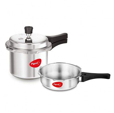 Pigeon 12610 Induction Base Outer Lid Aluminium Pressure Cooker with Lid Set, 2L, Silver