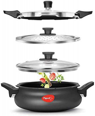 Pigeon 3 Litre All in One Super Cooker Aluminium with Outer Lid Induction and Gas Stove Compatible for Healthy Cooking (Black)