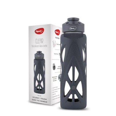 Pigeon 750 ML Clear Glass Water Bottle with Protective Silicone Cover | Grey