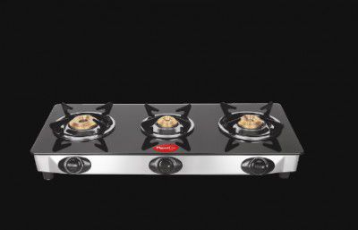 Pigeon Ayush 3 Burner Toughened Glass Gas Stove (Unique Pan Support, 14336, Black)