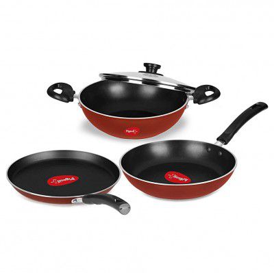 Pigeon Basics Induction base Non Stick Aluminium Cookware set, including Nonstick Flat Tawa, Nonstick Kadai with Glass Lid, and Nonstick Frying Pan, (Terracotta Brown)