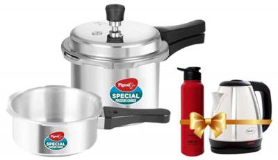 Pigeon by Stovekraft 12708 Pressure Cooker Combo & Pigeon 1.5 litre Hot Kettle and Water Bottle Combo (Silver)