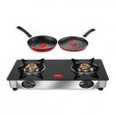 Pigeon by Stovekraft 2 Burner Glass Cook Top Gas Stove, Tawa with Stainless Steel Body and Nonstick Fry Pan Cookware Combo (Black, 240mm, 250mm, 14722)...