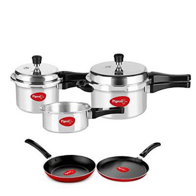 Pigeon by Stovekraft Aluminium Pressure Cooker Cooker 2,3 and 5 Litre with Flat Tawa and Fry Pan Combo, silver, large, 14465