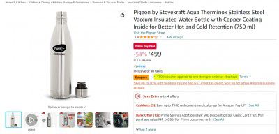 Pigeon by Stovekraft Aqua Therminox Stainless Steel Vaccum Insulated Water Bottle with Copper Coating Inside for Better Hot and Cold Retention (750 ml)