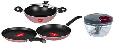 Pigeon by Stovekraft Basics Aluminium Non-Stick Cookware, Set of 3 (with one lid), Pink & Handy Mini Plastic Chopper with 3 Blades, Grey Combo