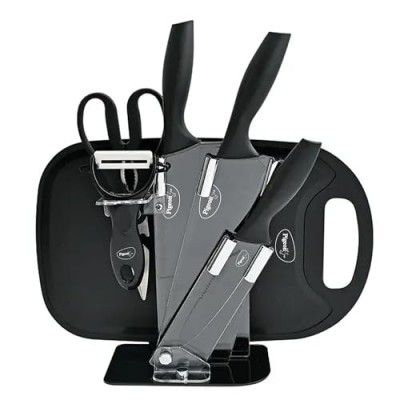 Pigeon by Stovekraft Edge Multipurpose Combo | High Grade Stainless Steel | 3 Pcs Kitchen Knife, 1 Chopping Board, 1 Peeler, 1 Scissor and 1 Stand |Black