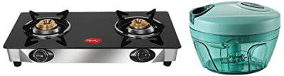 Pigeon By Stovekraft Favourite 2-Burner Glass Top Gas Stove, Black + New Handy Plastic Chopper with 3 Blades, Green