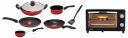 Pigeon By Stovekraft Glass Oven Toaster Grill (12381) 9 Liters (Grey) & Cookware Set Of 7 Piece, Includes Tawa 23 cm, Fry Pan 24 cm, Kadai With Lid 24 cm, And Sauce Pan (Red)...