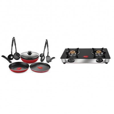 Pigeon by Stovekraft Mio Aluminium Gift Set, Red (8 Pieces) and Stovekraft Favourite Glass Top 2 Burner Gas Stove, Manual Ignition, Black
