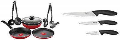 Pigeon by Stovekraft Mio Aluminium Gift Set, Red (8 Pieces) + Pigeon by Stovekraft Stainless Steel Kitchen Knives Set, 3-Pieces, Multicolour