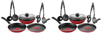 Pigeon by Stovekraft Mio Nonstick Aluminium Cookware Gift Set, 8 Pieces Non-Induction Base Kitchen Set - Red