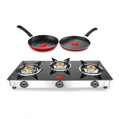 Pigeon by Stovekraft Open Gas Stove & Nonstick Cookware Combo (14812) - Favourite 3 Burner Glass Cooktop with Stainless Steel Body, Flat Tawa, 240mm & Fry Pan, 250mm, Multicolour, Manual Ignition