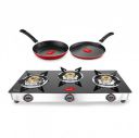 Pigeon by Stovekraft Open Gas Stove & Nonstick Cookware Combo (14812) - Favourite 3 Burner Glass Cooktop with Stainless Steel Body, Flat Tawa, 240mm & Fry Pan, 250mm, Multicolour, Manual Ignition...