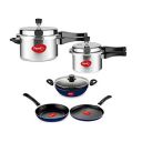 Pigeon by Stovekraft Pigeon Aluminium Pressure Cooker Cooker 3 and 5 Litre with Kadai with Glass Lid Flat Tawa and Fry Pan Combo, Silver, Large (14466)...