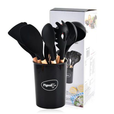 Pigeon by Stovekraft Silicone Kitchen Utensils Spoon Spatula Cooking Set- 12 Pcs Black