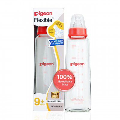 Pigeon Flexible Glass Nursing/Feeding Bottle With Added Nipple L,For 9+ Month Babies,240 ml