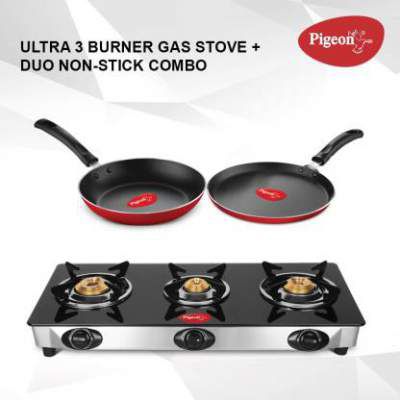 Pigeon Gas Stove Combo - Ultra 3 Burner Gas Stove + Flat Tawa 250 + Fry Pan 240 Stainless Steel Manual Gas Stove (3 Burners)