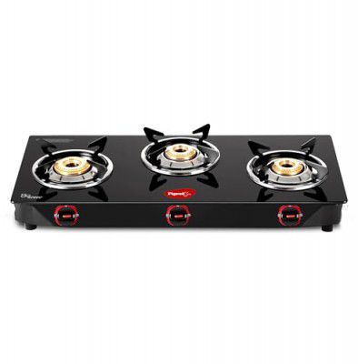 Pigeon Ignia 3 Burner Gas Stove | Brass Burner | Easy Cleaning | Toughened Glass | 2 year Warranty