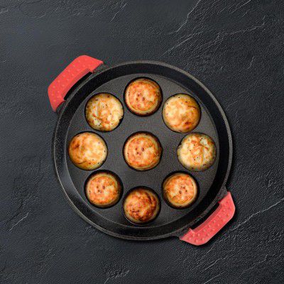 Pigeon Imperi Cast Iron Paniyaram/Appe Pan, 9 Pits, Free Silicone Grips, Pre-Seasoned
