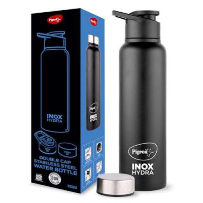 Pigeon by stovekraft Inox Hydra Duo, Dual Cap, Flipper and Fridge in one bottle - 900ml, Black