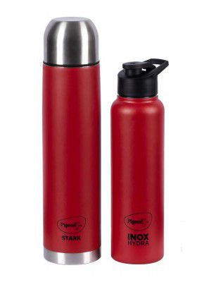 Pigeon Red 2 Pieces Stainless Steel Flask 1L and Inox Hydra 900ml Water Bottle
