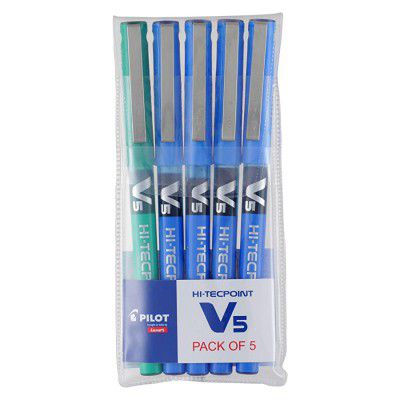 Pilot V5 Roller Ball Pen Pack of 5 (4 Blue/1 Green)