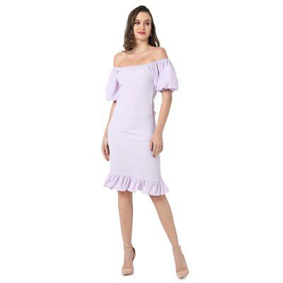 PINACOLADA Women's Lilac Puff-Sleeved Creased Dress for Casual Wear | Off-Shoulder | Short Sleeve | Pull On Closure | Dress Crafted with Comfort Fit for Everyday Wear
