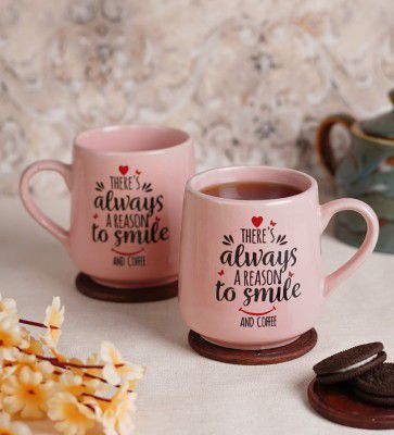 Cdi Pink Quotes Printed 300 ml Ceramic (Set of 2) Coffee Mug