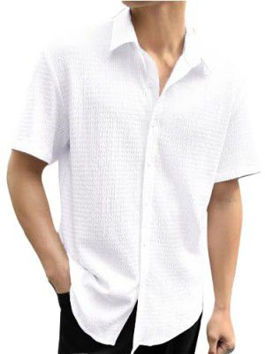 Pinkmint Popcorn Shirt for Men Soild Slim Fit Sleeve Spread Collar Trendy Men Shirt Summer Wear Goa Wear