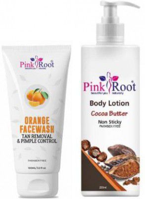 PINKROOT Orange Face Wash 100ml With Cocoa Butter Body Lotion 200ml (2 Items in the set)