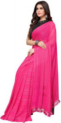 Pisara  Striped, Embellished Daily Wear Satin Saree  (Pink)