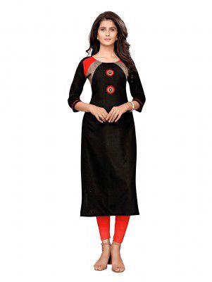 PISARA Women's Cotton Black Straight Kurta,(Black)
